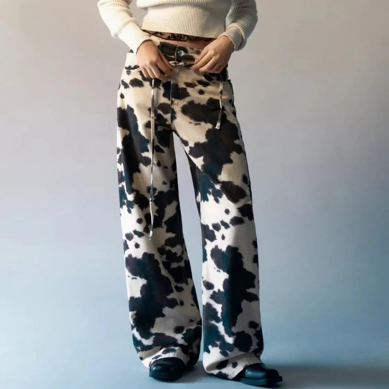 Vintage Cow Print Women's Jeans Y2K Washed Wide Leg Baggy Jeans Woman American Style Fashion Unisex Baggy Streetwear Denim Pants