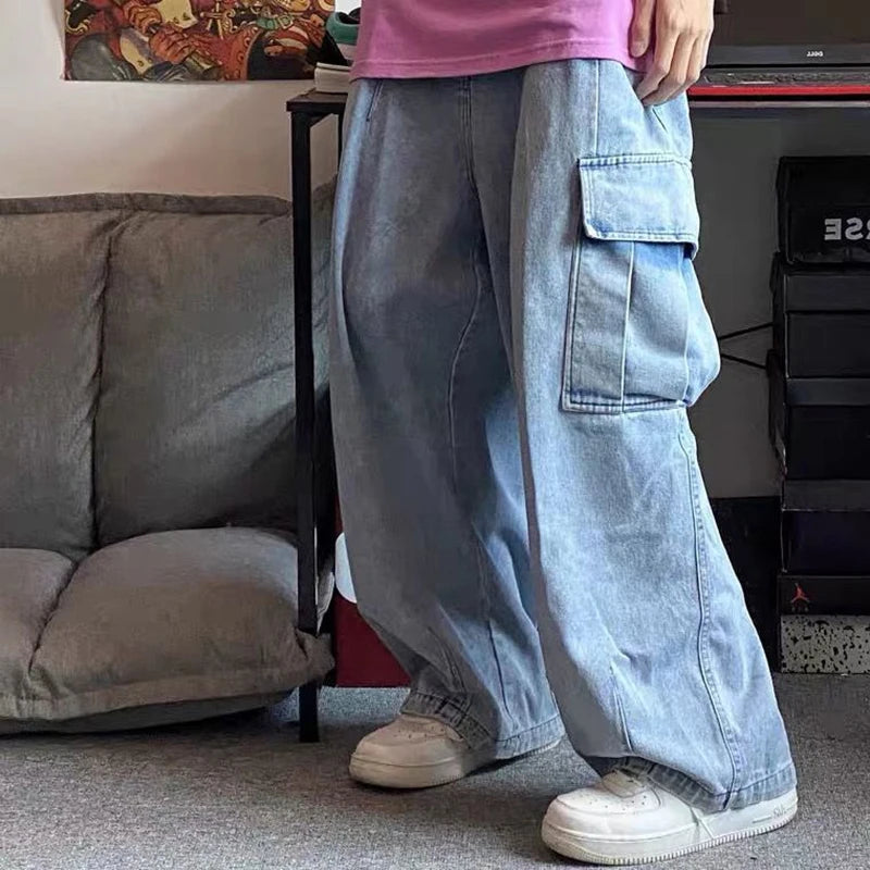 Men's Y2K Baggy Jeans Casual Wide Leg Denim Cargo Pants Autumn Multi-pockets Retro Washed Trousers Hip Hop Streetwear Pants Male