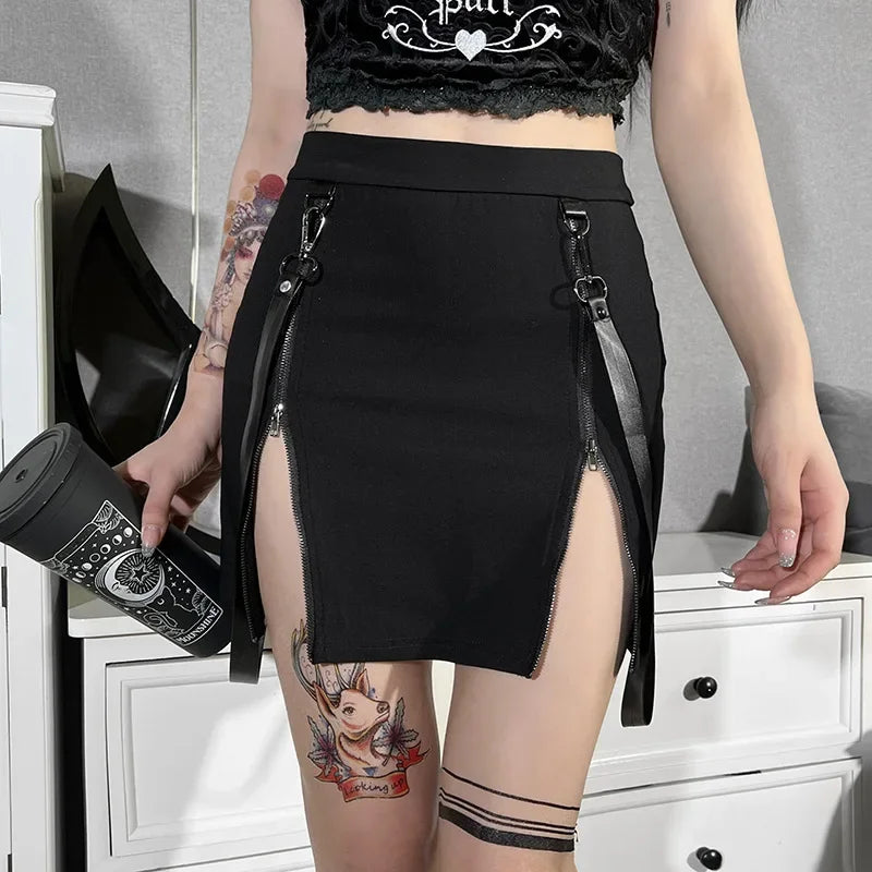 Y2k Skirt Dark Double Zipper Bag Hip Split Gothic Design Tight Skirt Harajuku Black Gothic Bag Hip Skirt Kawaii Vintage