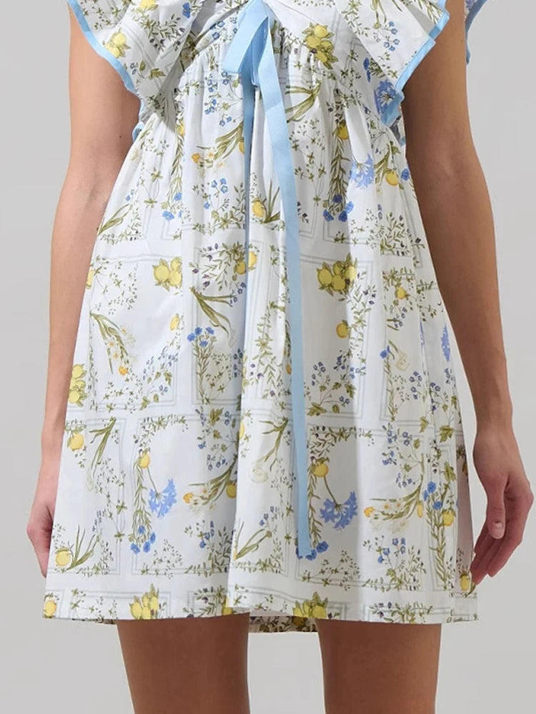 Women Vintage Y2k Mini Dress V-neck Backless Dress Girls Bow Tie Short Skirt 2025 New Loose A-Line Dress Beach Holiday Sundress