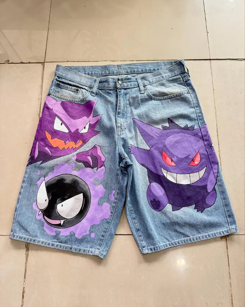 y2k Punk retro men and women jeans Fashion new streetwear quarter pants Goth Harajuku hip hop cartoon print casual loose shorts