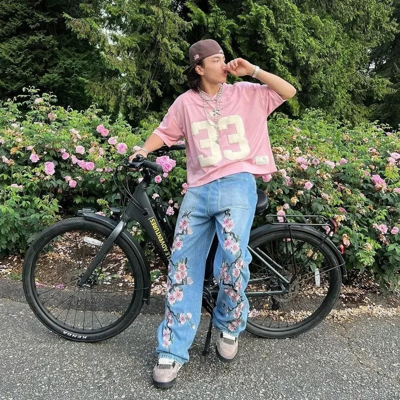 Y2K Baggy Jeans Harajuku vintage cherry blossom Embroidery high quality jeans streetwear Hip Hop gothic men women wide leg jeans