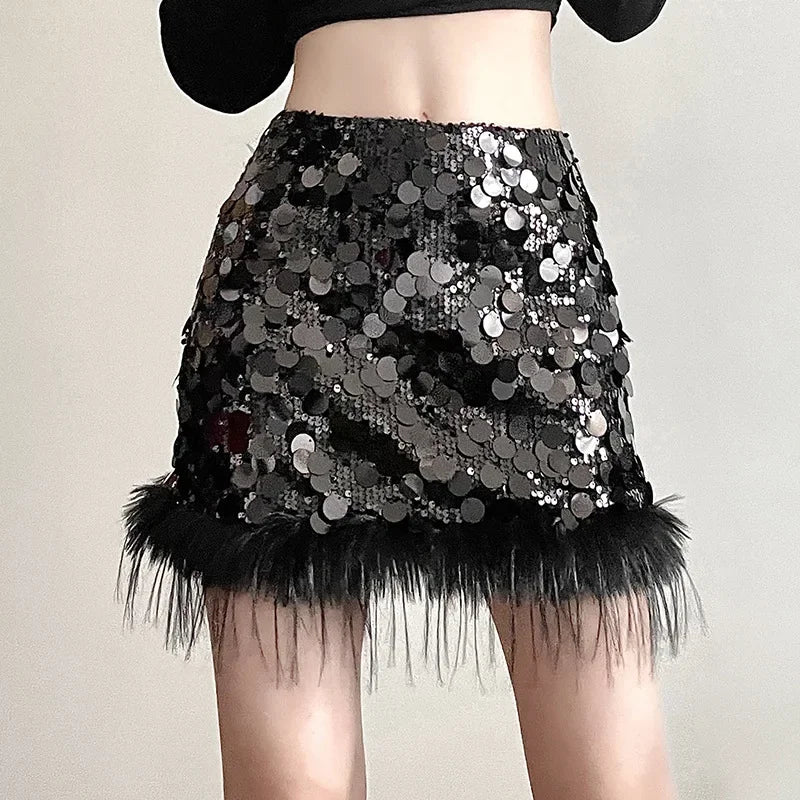 Sexy Mini Skirt Y2k Slim Women Clothing Feather Streetwear Sequined A-Line Faldones Para Mujer High Waist Casual Fashion Outfits