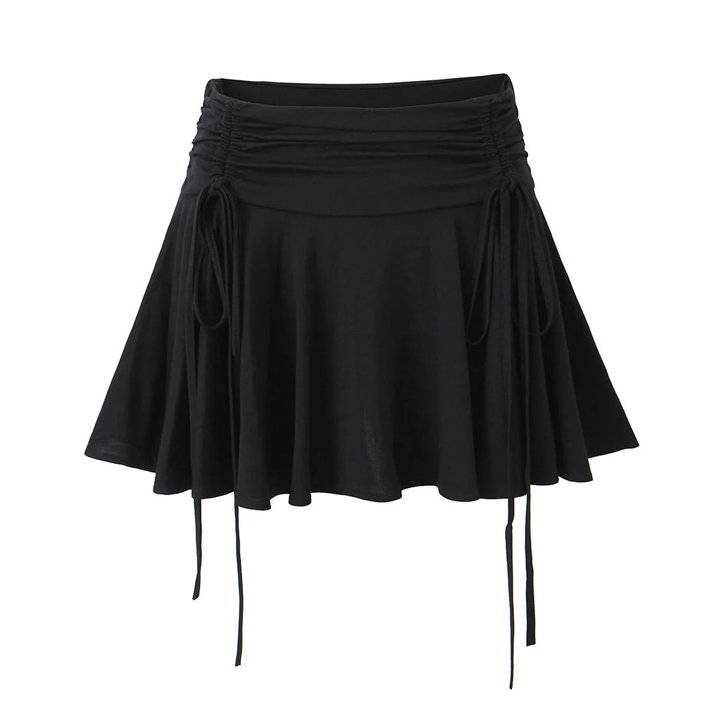 2023 Summer Y2K Style Cool Girl Asymmetrical Pleated Mini Skirts Women Rope Lacing Up Bandage Bow Waist Skirts White Black