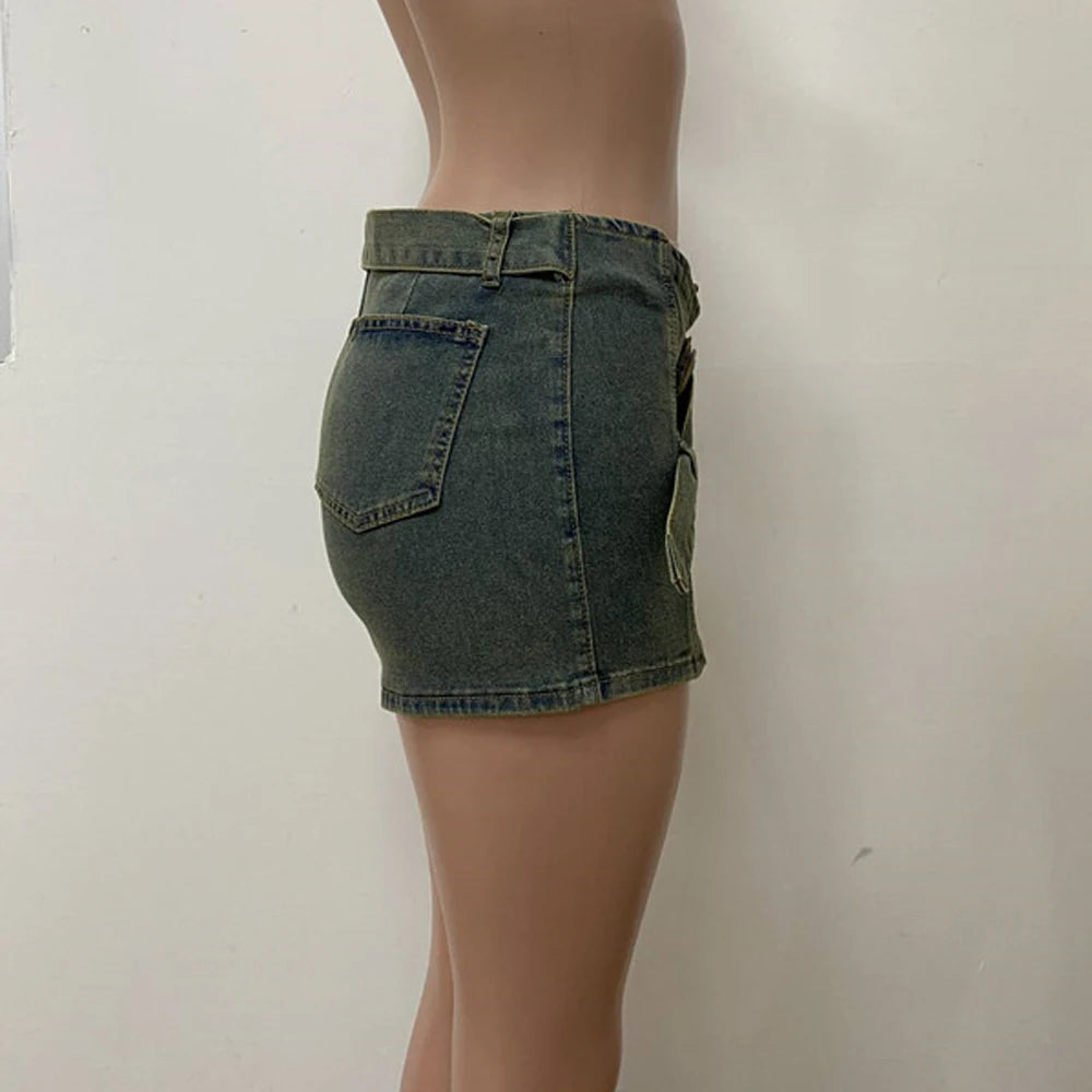 Chic Women Denim Short Skirt Y2k Street Wear Clothes 2025 Summer Sexy Irregular Vintage Washed Blue Belted Mini Jean Skirts