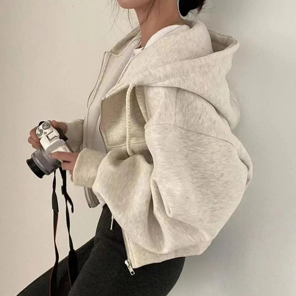 Y2K Zip Up Hoodies Harajuku Oversized Women Short Hoodie Coat Casual Hood Sweatshirt Women Crop Tops Female Loose Jackets Coat