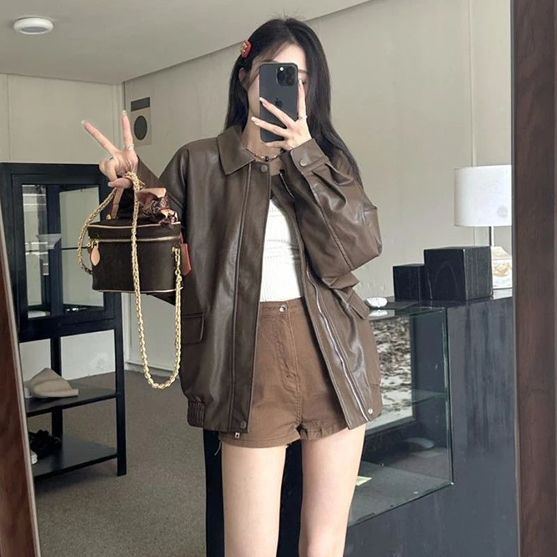 New American Retro Faux Leather Jacket Women Autumn Y2K Long Sleeve Pu Jackets Woman Stylish Loose Zipper Moto Biker Coats Mujer