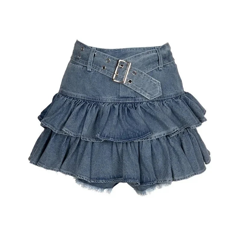 Y2k Skirt Set Bow Tie Love Hollow Out Crop Top Denim Ruffled Pleated Skirt 2 Piece Sets Women Summer Sexy Backless Outfits Suit