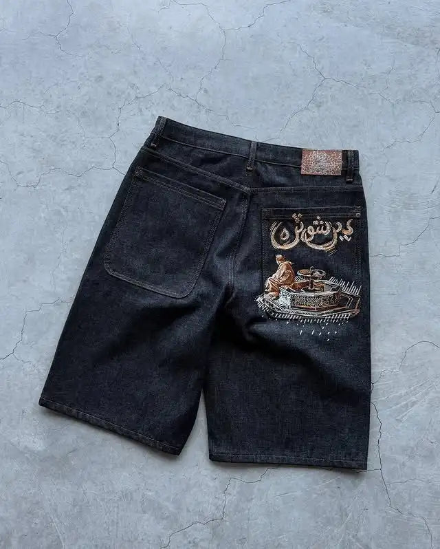 Streetwear Vintage Denim Shorts Y2K Jeans Mens Womens Hip Hop Pocket Vintage Washed Baggy Jeans Low Rise Over The Knee Pants