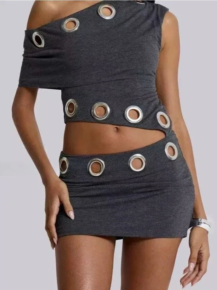 Vintage Y2k Sexy Dress Fake 2 Piece Sets Women Off Shoulder Hollow Out Crop High Waist Bodycon Mini Dress Party Outfits 2025