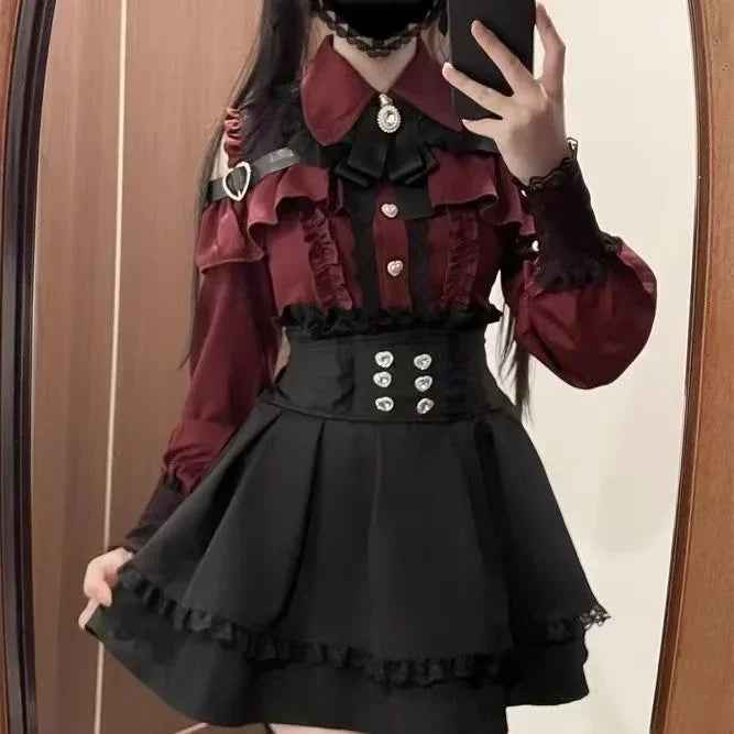 Women Y2k Aesthetic Lolita Style Bow Dress Shorts Set Japanese Gothic Lace Flare Sleeve Button Shirt Dress Punk Party Mini Dress