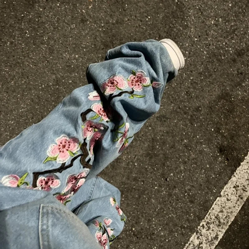 Y2K Baggy Jeans Harajuku vintage cherry blossom Embroidery high quality jeans streetwear Hip Hop gothic men women wide leg jeans