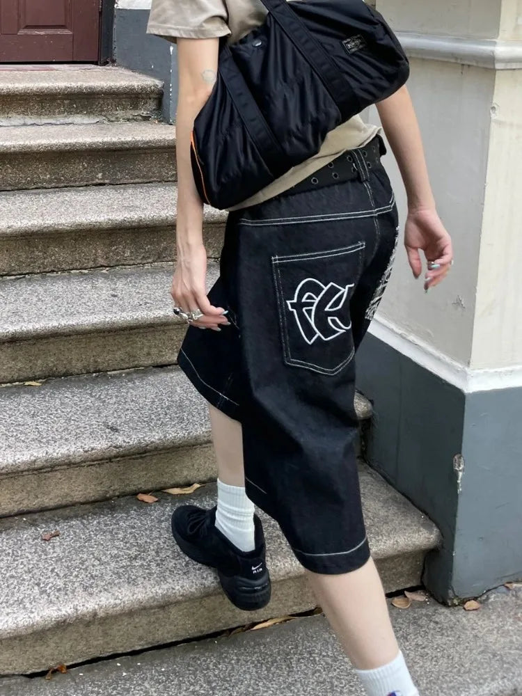 HOUZHOU Vintage Embroidery Y2k Jorts Women Hip Hop Style Baggy Denim Shorts Grunge Streetwear Black Wide Leg Knee Length Shorts