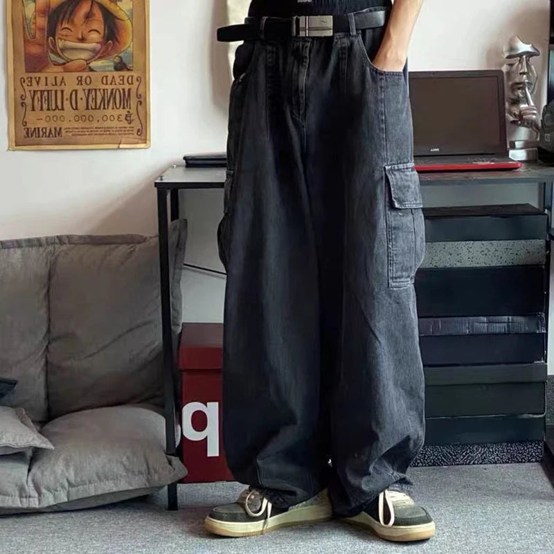 Men's Y2K Baggy Jeans Casual Wide Leg Denim Cargo Pants Autumn Multi-pockets Retro Washed Trousers Hip Hop Streetwear Pants Male