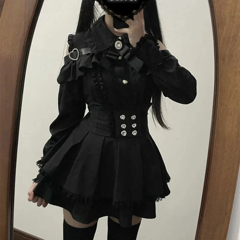 Women Y2k Aesthetic Lolita Style Bow Dress Shorts Set Japanese Gothic Lace Flare Sleeve Button Shirt Dress Punk Party Mini Dress