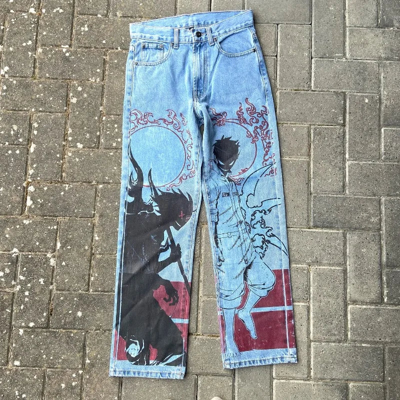 Y2k Anime Baggy Denim Trend Hand Drawn Printed Pattern New Men Women Pants Hip Hop Retro Harajuku Streetwear Unisex Casual Jeans