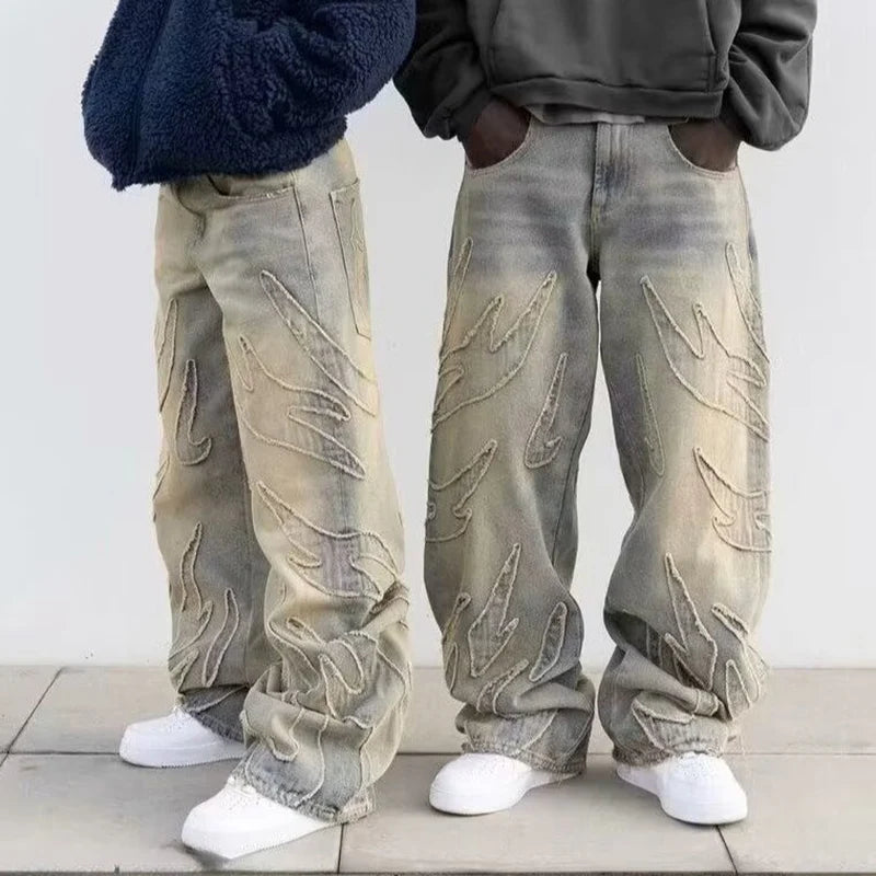 2025 Y2k Hip Hop Baggy Jeans Men's Street Fashion Raw Edge Embroidered Jeans Street Gothic Retro High Waisted Wide Leg Trousers