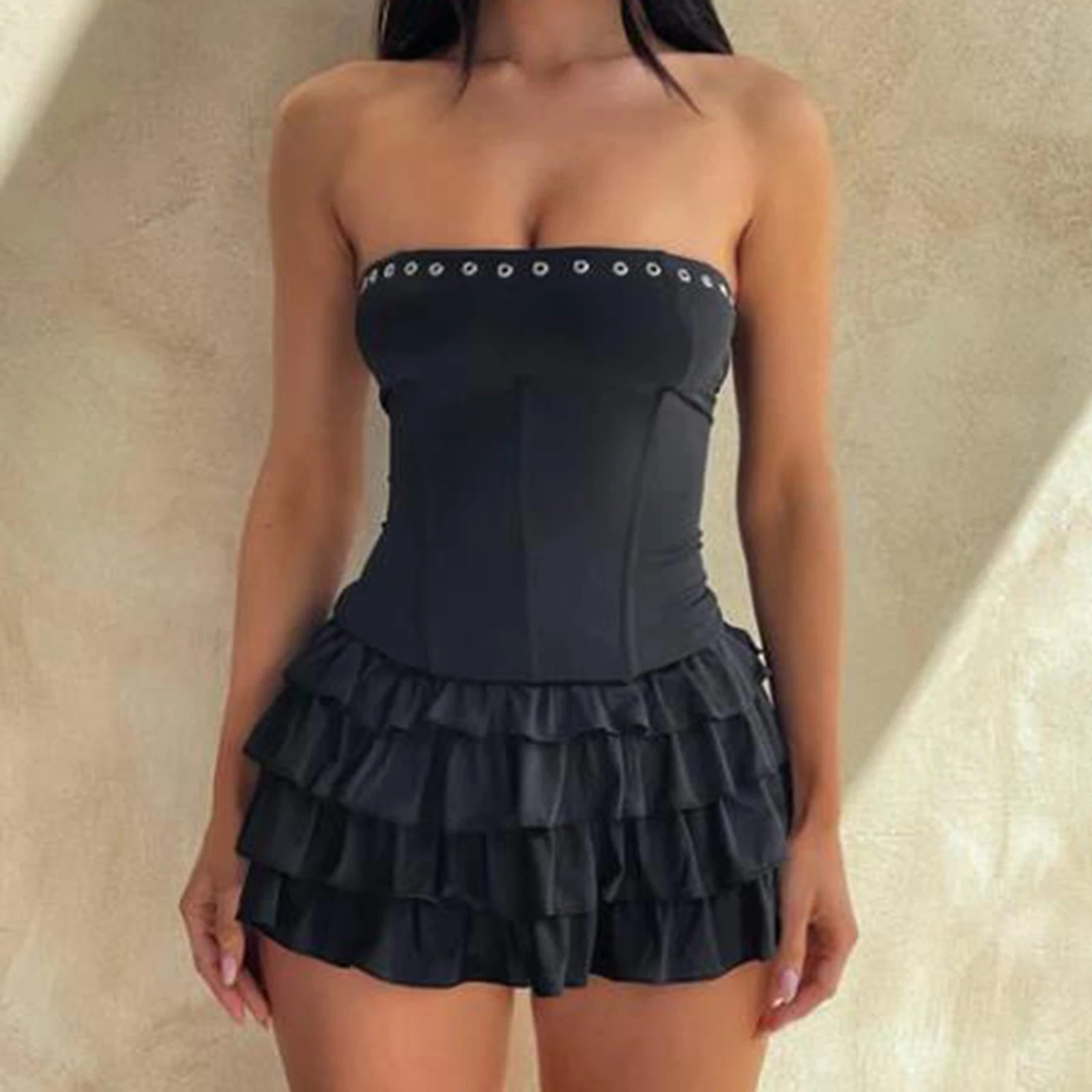 Y2K Monos De Mujer Elegant En Oferta Soild Strapless Puffy Ruffles Slim Fit Mini Dress Vestidos Curvas Grandes