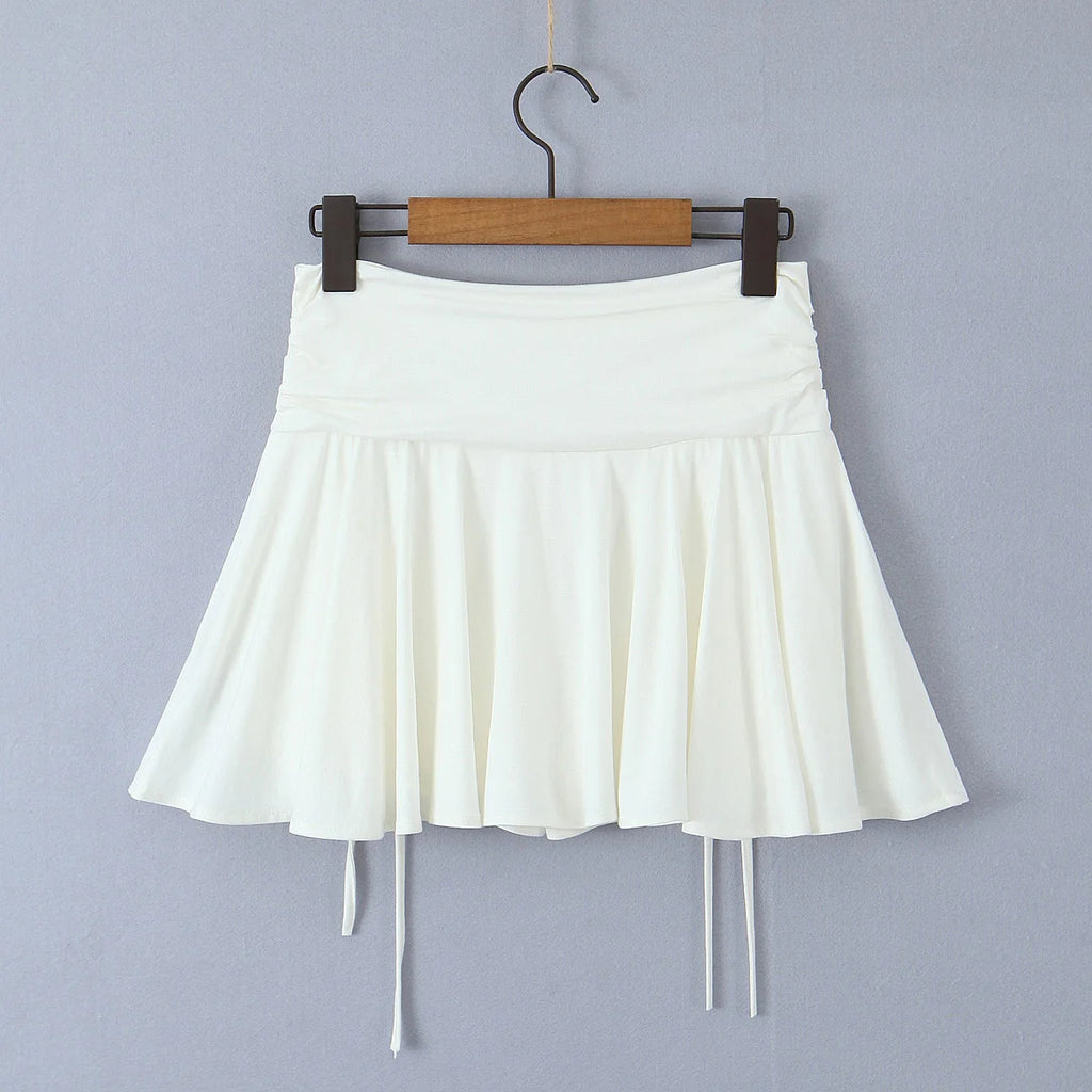 2023 Summer Y2K Style Cool Girl Asymmetrical Pleated Mini Skirts Women Rope Lacing Up Bandage Bow Waist Skirts White Black