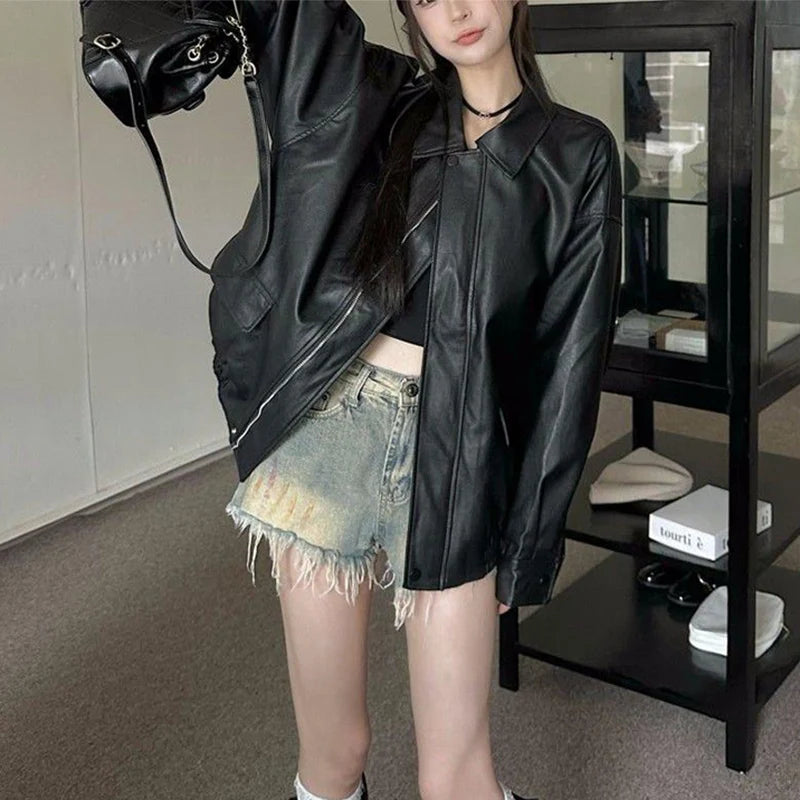 New American Retro Faux Leather Jacket Women Autumn Y2K Long Sleeve Pu Jackets Woman Stylish Loose Zipper Moto Biker Coats Mujer