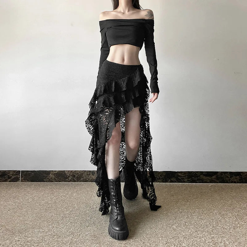 BKLD 2025 Autumn New Women Clothing Black Skirts Sexy High Waist Lace Ruffles Patchwork Irregular Y2k Skirts Party Clubwear