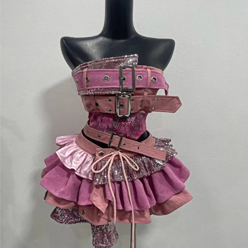 Y2k Skirts Suit 2000s Sexy Party women Clothes  Ultra-Mini Crop Tops Punk Vintage Grunge Hip Hop Sparkling cake skirt Kpop Suits