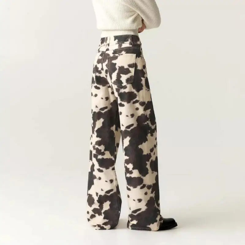 Vintage Cow Print Women's Jeans Y2K Washed Wide Leg Baggy Jeans Woman American Style Fashion Unisex Baggy Streetwear Denim Pants