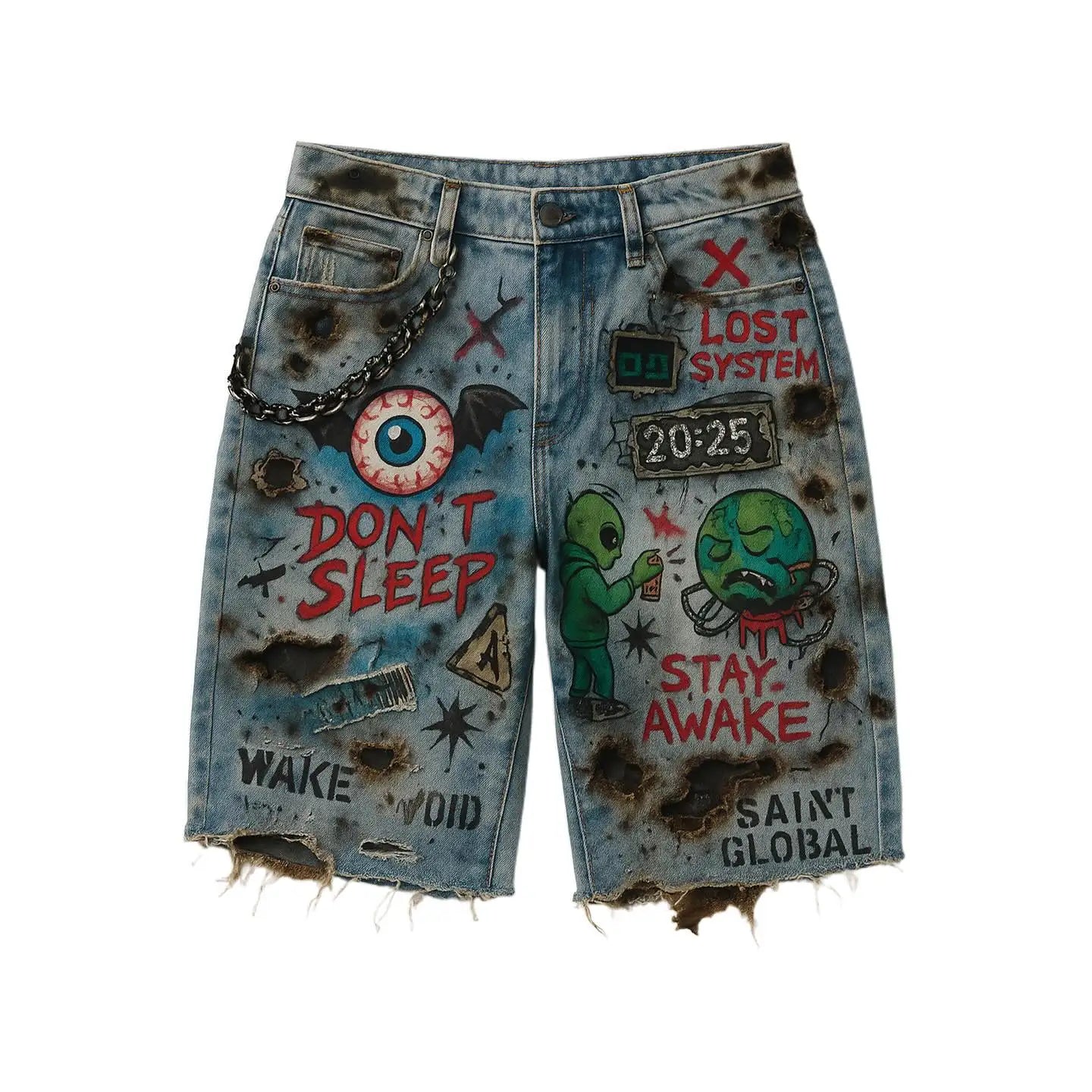 Y2K Hip Hop Denim Shorts Man Woman Clothing Retro Cartoon Graphic Denim Retro Distressed Blue Baggy Casual Shorts Trendy Themes