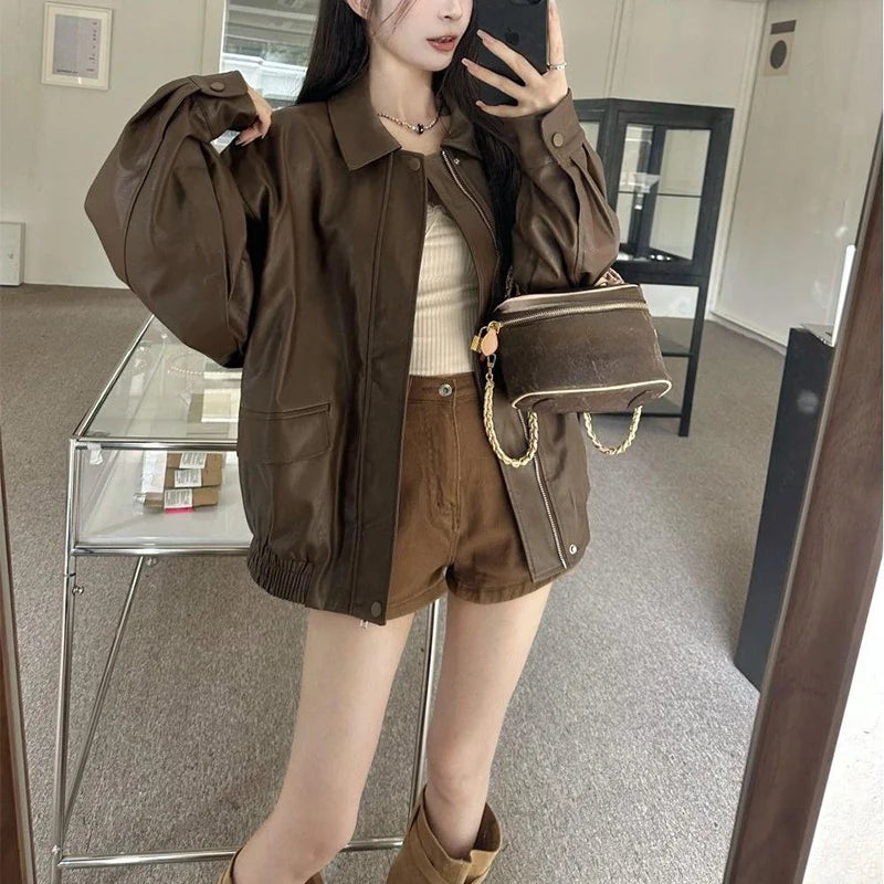 New American Retro Faux Leather Jacket Women Autumn Y2K Long Sleeve Pu Jackets Woman Stylish Loose Zipper Moto Biker Coats Mujer