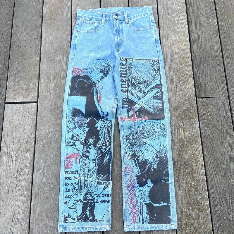 Y2k Anime Baggy Denim Trend Hand Drawn Printed Pattern New Men Women Pants Hip Hop Retro Harajuku Streetwear Unisex Casual Jeans