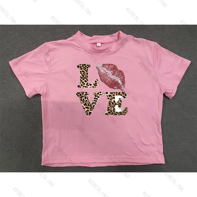 Y2k leopard LOVE Print spicy girl crop top Baby tee 2000s