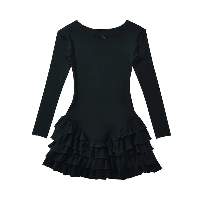 YENKYE Y2k Women Long Sleeve O Neck Ruffle Dresses Spring 2025 Basics Fashion Vestidos Mujer Spicy Girl Style Sexy Mini Dress