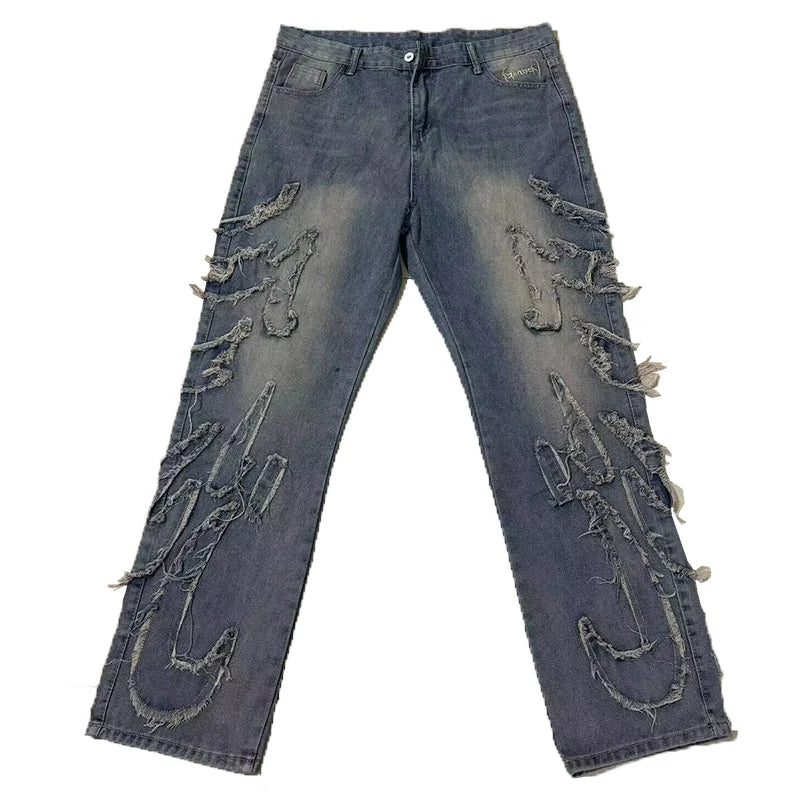2025 Y2k Hip Hop Baggy Jeans Men's Street Fashion Raw Edge Embroidered Jeans Street Gothic Retro High Waisted Wide Leg Trousers