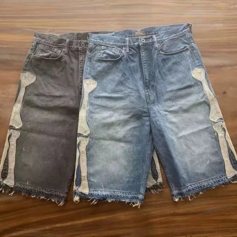 Deeptown Y2k Vintage Harajuku Denim Shorts Women Washed Patchwork Tassels American Retro Jeans Man Baggy Hip Hop Jorts Summer
