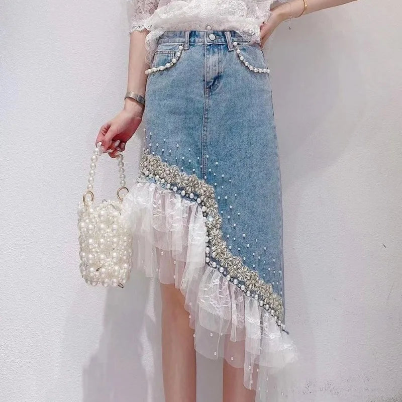 Denim Skirt Women Patchwork Lace Sweet Jupe 2025 Faldas Mujer De Moda Fashion Irregular Beading Summer Saia Bodycon Y2k Skirts