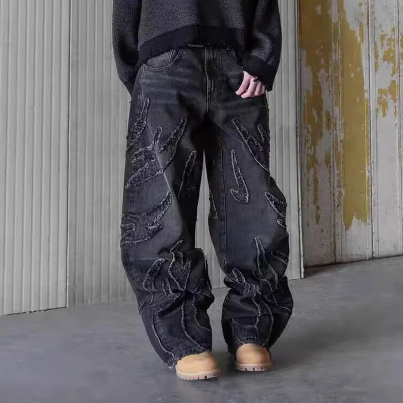 2025 Y2k Hip Hop Baggy Jeans Men's Street Fashion Raw Edge Embroidered Jeans Street Gothic Retro High Waisted Wide Leg Trousers