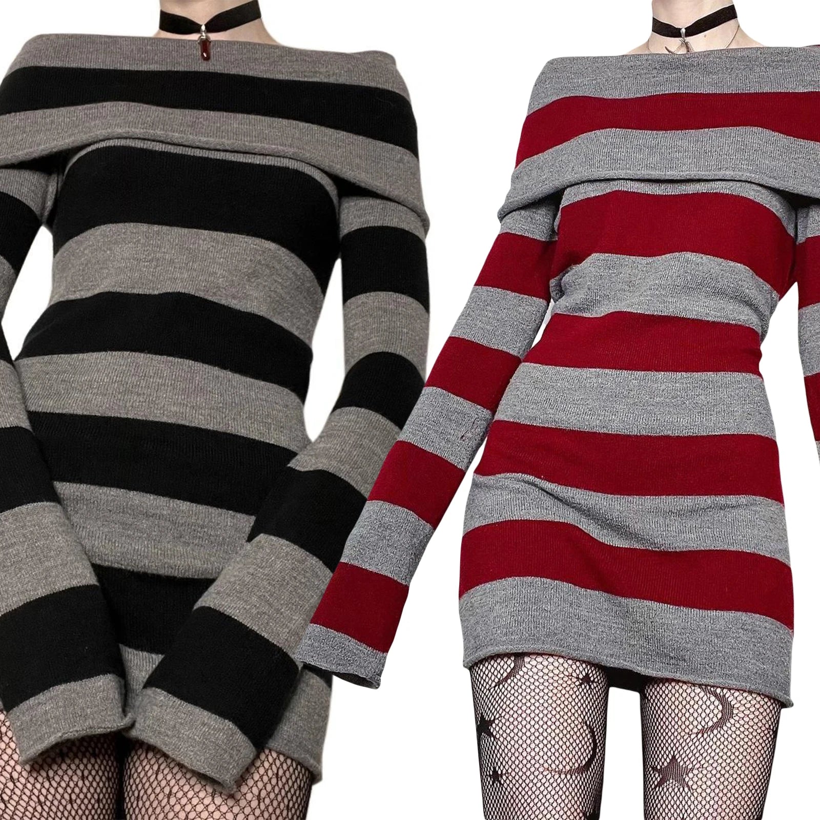 Y2K Striped Sweater Mini Dress Mall Goth Grunge Emo Bodycon Chic Women Off Shoulder Full Sleeve Slim Fit Dresses 00s Vintage
