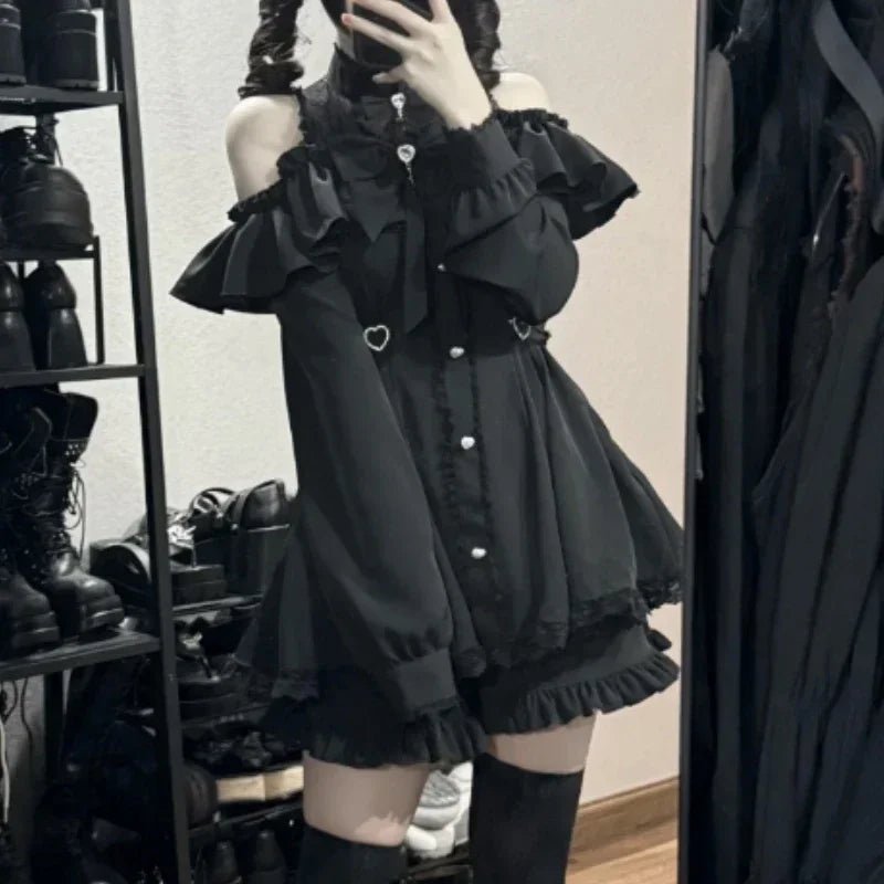 Women Y2k Aesthetic Lolita Style Bow Dress Shorts Set Japanese Gothic Lace Flare Sleeve Button Shirt Dress Punk Party Mini Dress