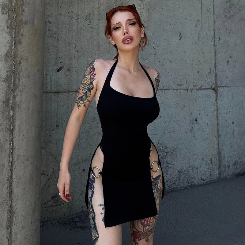 Y2k Black Spaghetti Strap Mini Robe Dress Women Backless Sexy Party Thigh Slit Slim Suspender Skirts 2024 Summer Evening Dresses