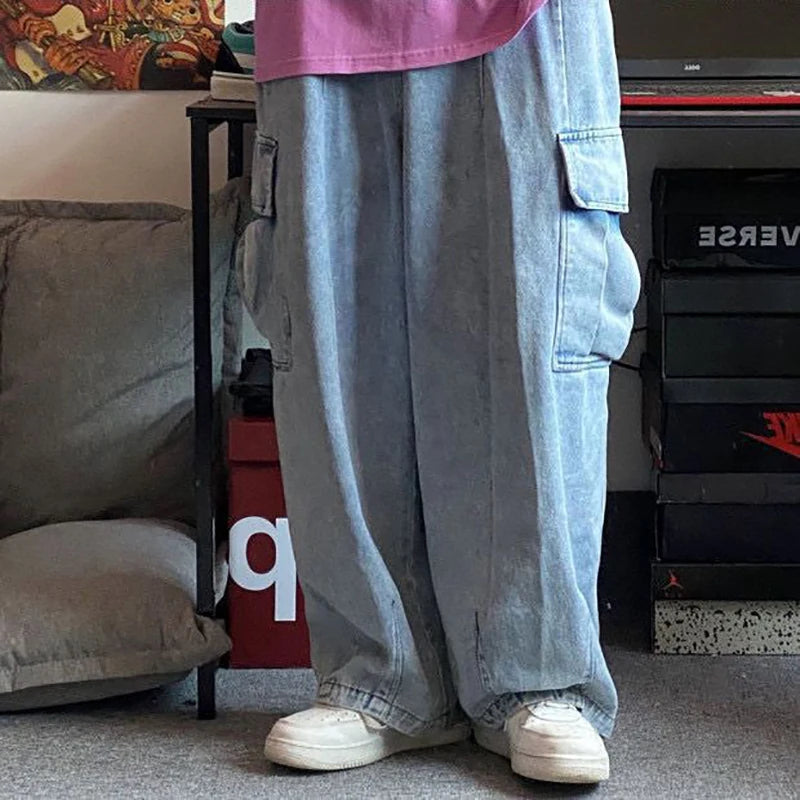 Men's Y2K Baggy Jeans Casual Wide Leg Denim Cargo Pants Autumn Multi-pockets Retro Washed Trousers Hip Hop Streetwear Pants Male