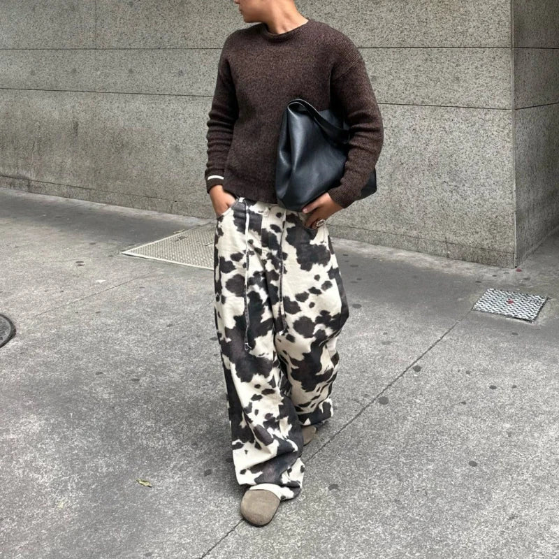 Vintage Cow Print Women's Jeans Y2K Washed Wide Leg Baggy Jeans Woman American Style Fashion Unisex Baggy Streetwear Denim Pants