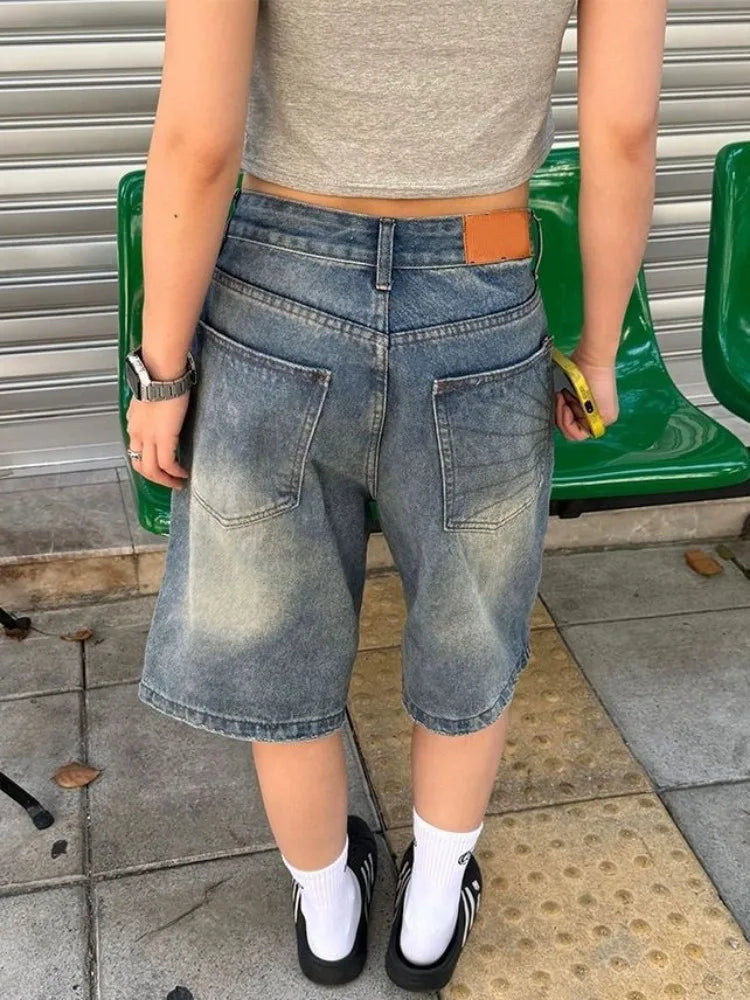 HOUZHOU Vintage Washed Y2k Jorts Women Streetwear Baggy Grunge Blue Denim Shorts Oversized Harajuku Aesthetic Knee Length Jeans