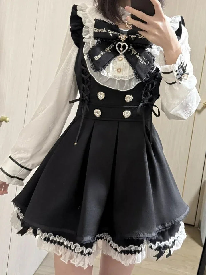 Women Y2k Aesthetic Lolita Style Bow Dress Shorts Set Japanese Gothic Lace Flare Sleeve Button Shirt Dress Punk Party Mini Dress