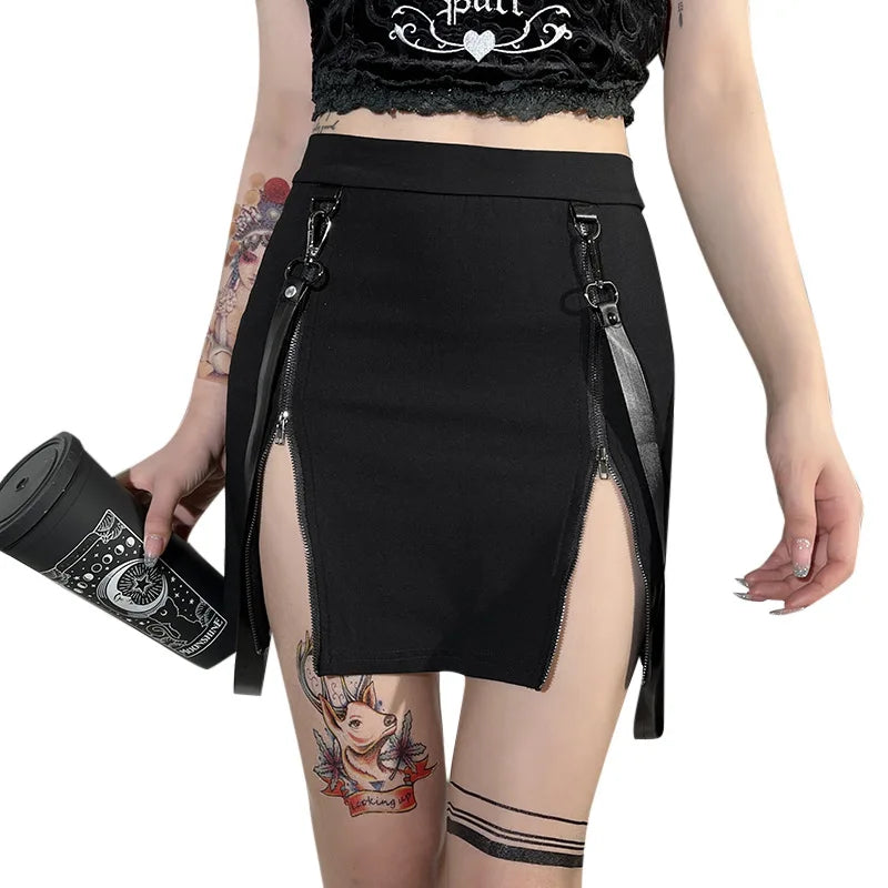 Y2k Skirt Dark Double Zipper Bag Hip Split Gothic Design Tight Skirt Harajuku Black Gothic Bag Hip Skirt Kawaii Vintage