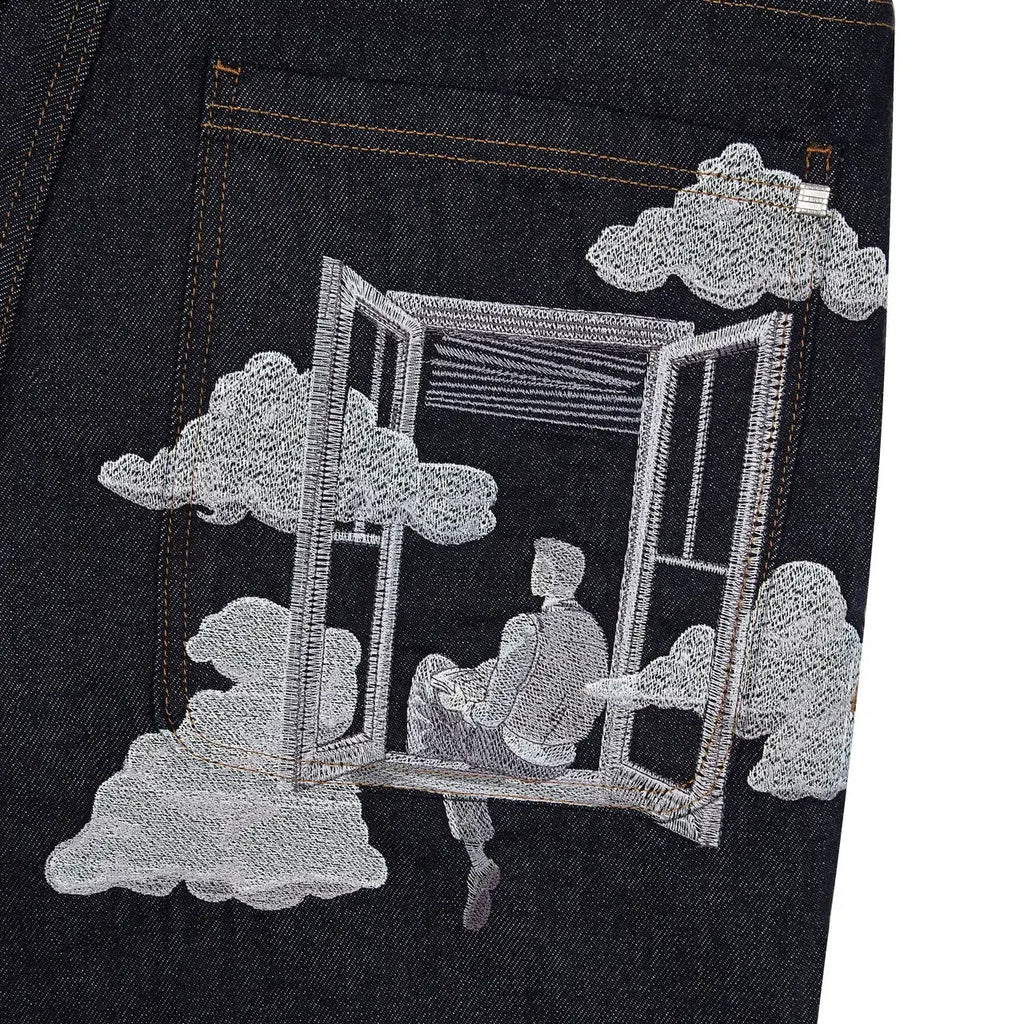 Fashion Cherry Blossom Pocket Embroidery Jeans Shorts Men Women Retro Baggy Black Denim Short Y2k Jorts Hip Hop Streetwear Pants