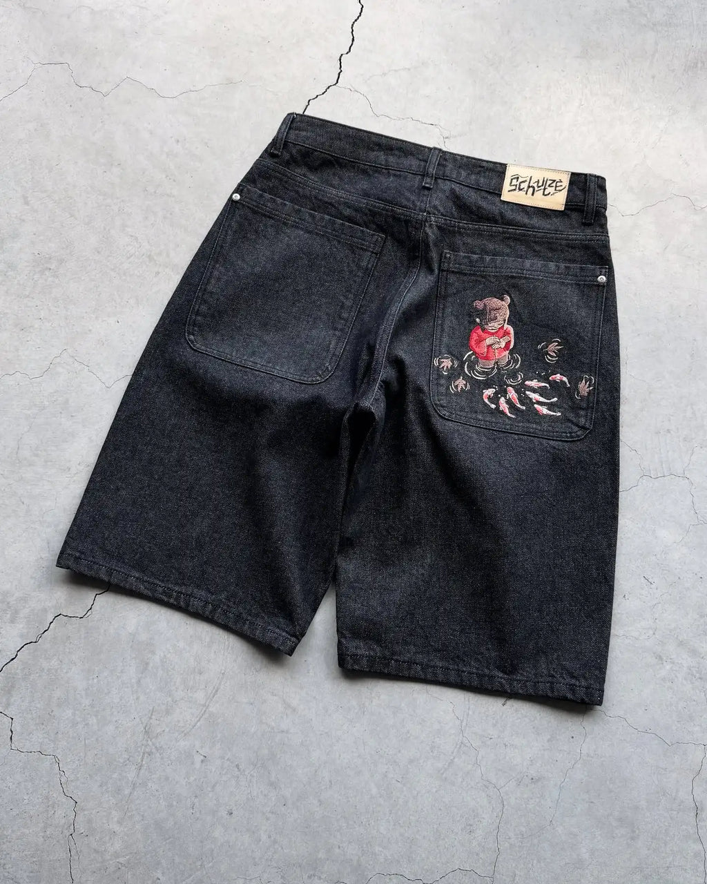 Fashion Cherry Blossom Pocket Embroidery Jeans Shorts Men Women Retro Baggy Black Denim Short Y2k Jorts Hip Hop Streetwear Pants