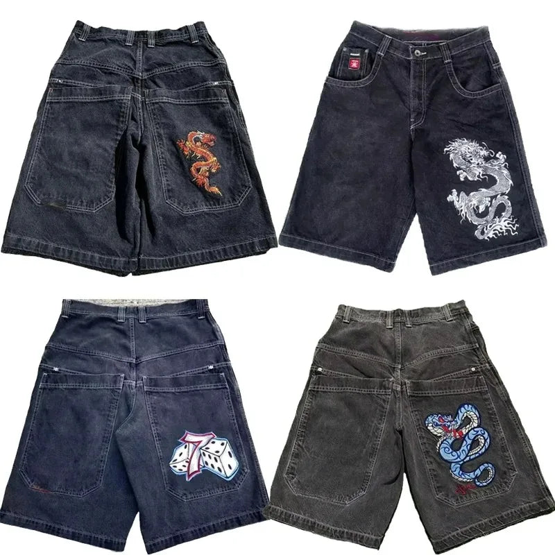 Y2K Baggy Shorts Gothic American Pocket Printing Denim Gym Shorts 2000s Vintage Streetwear Hip Hop Men Women Basketball Shorts