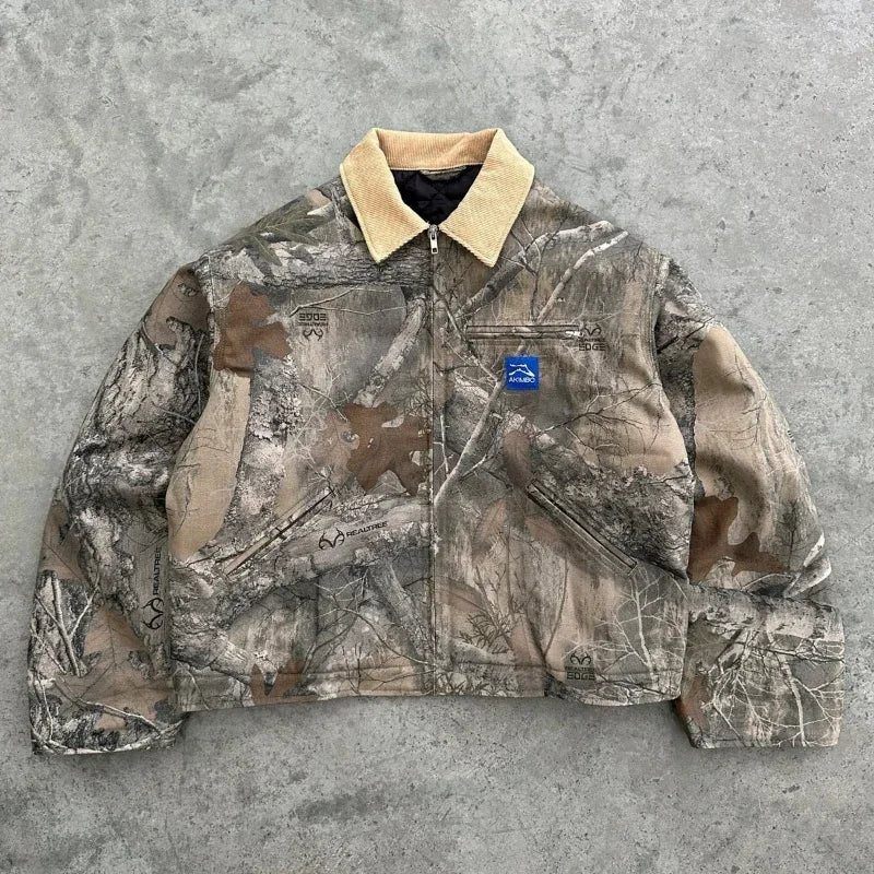 Y2K vintage camouflage men jacket American style street casualwear V neck polo top fashion pattern men women sweatshirt Jacket
