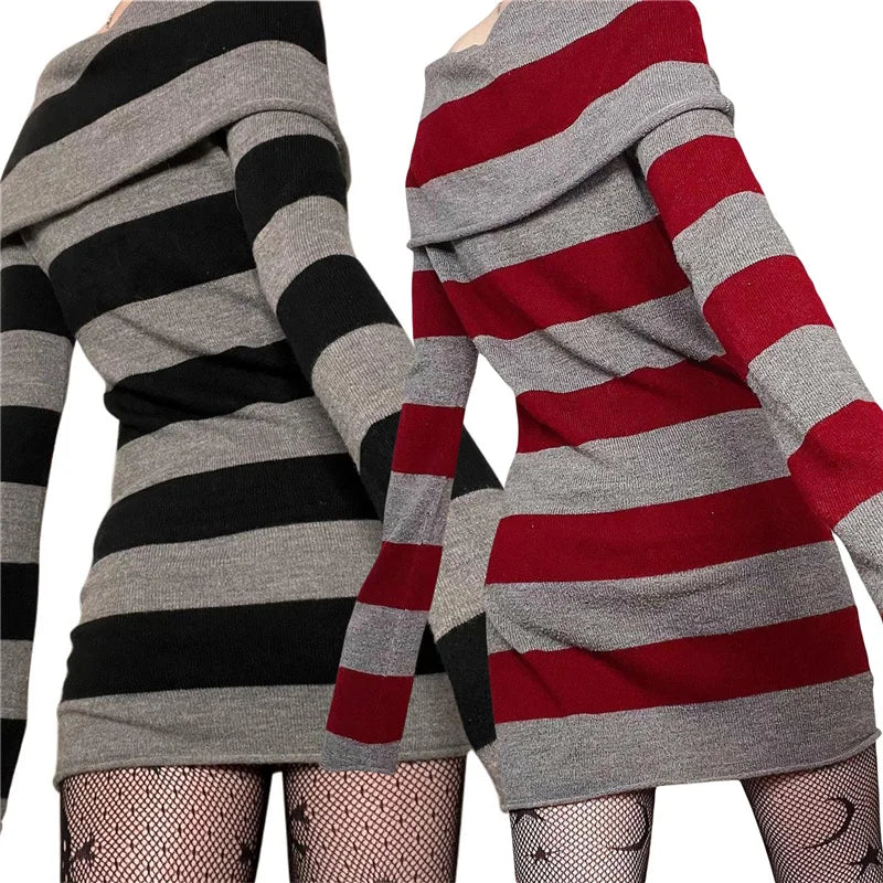Y2K Striped Sweater Mini Dress Mall Goth Grunge Emo Bodycon Chic Women Off Shoulder Full Sleeve Slim Fit Dresses 00s Vintage