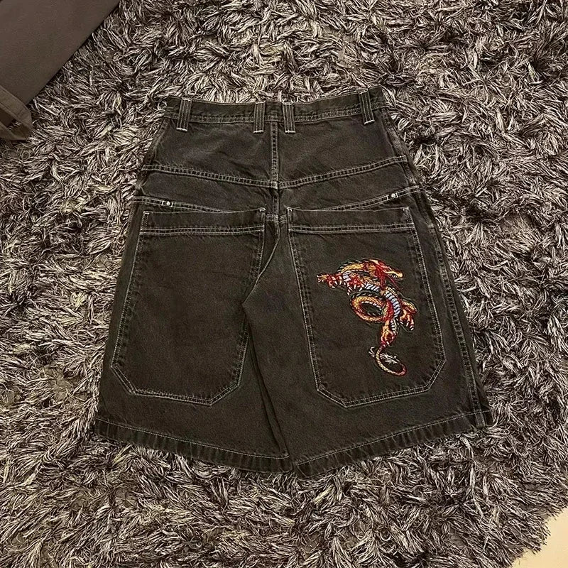Y2K Baggy Shorts Gothic American Pocket Printing Denim Gym Shorts 2000s Vintage Streetwear Hip Hop Men Women Basketball Shorts